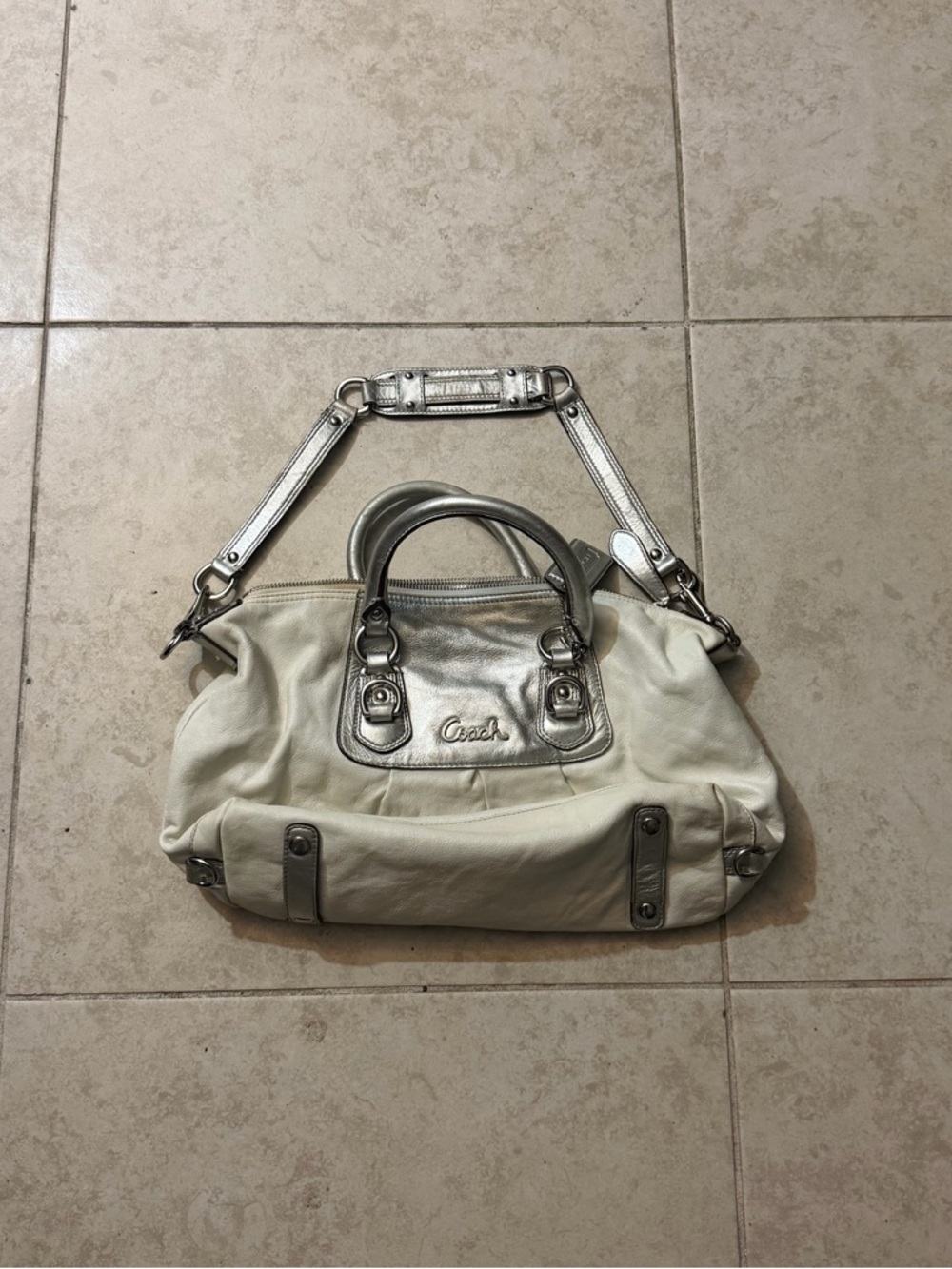 Coach Cream and Silver Leather Shoulder Satchel